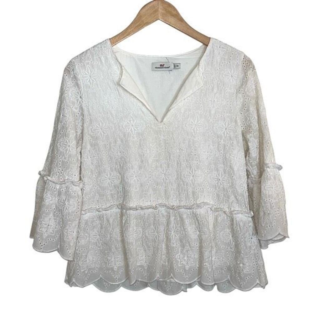 Vineyard Vines Island Womens Eyelet Tiered‎ Bell Sleeve Peplum Top White Size XS
